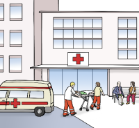 Krankenhaus Aussenansicht sanitäter bringen einen Patienten