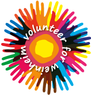 Logo - Volunteer for Weinheim Logo - Volunteer for Weinheim; Bunte Hände bilden eine bunte Sonne