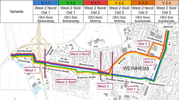 Darstellung der Weinheimer Weststadt mit unterschiedlichen Verläufen für die Radschnellverbindung